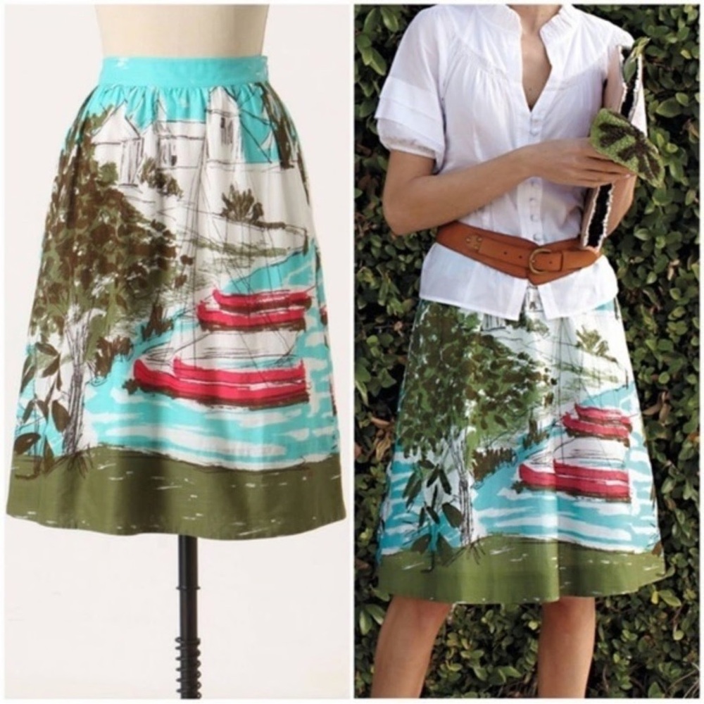 Anthropologie Seabound Scenic Boat Print A-Line Skirt By We Heart Vera - size 4